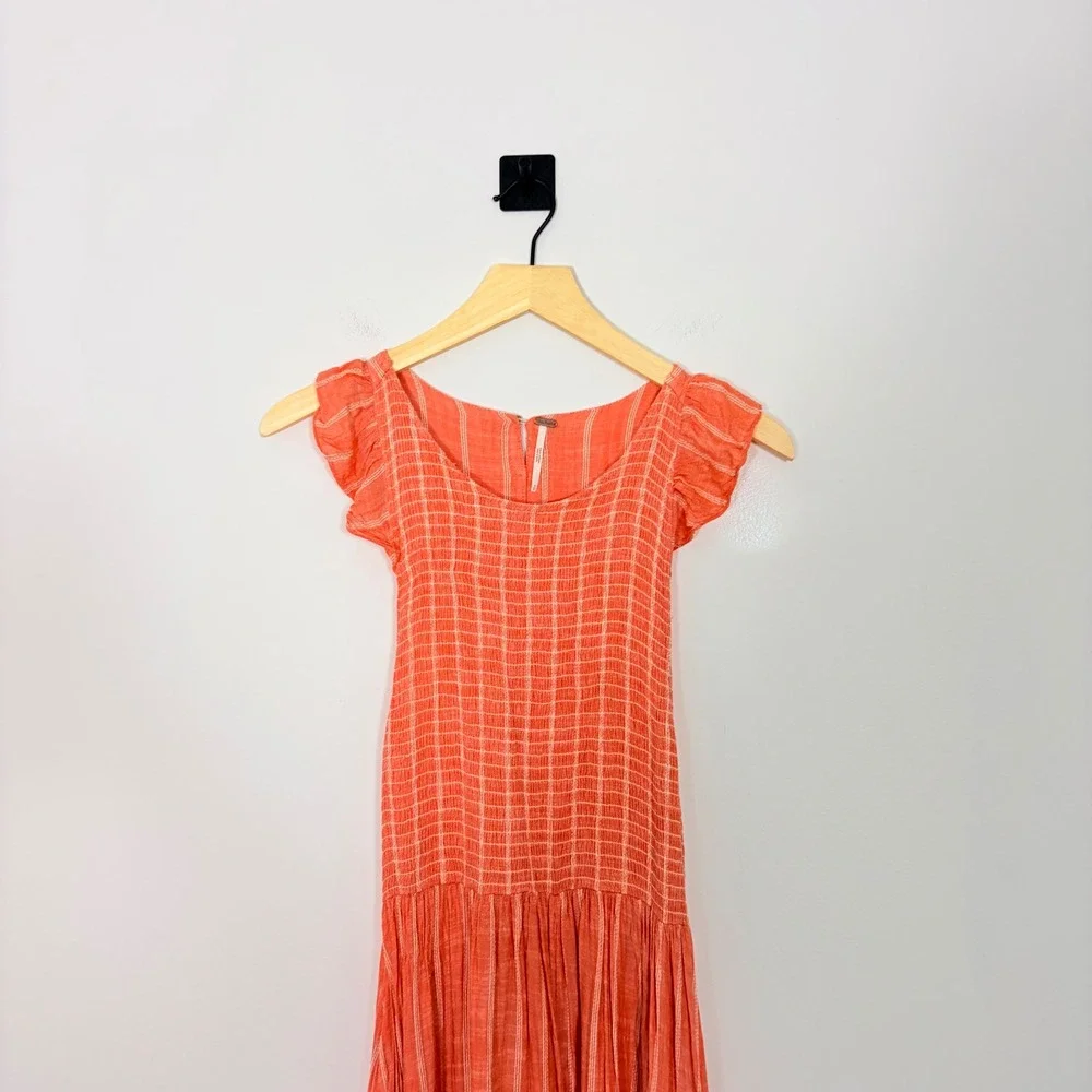 Free People Chambray Butterflies Midi Dress Red Striped Smocked Ruffle Sleeve S
